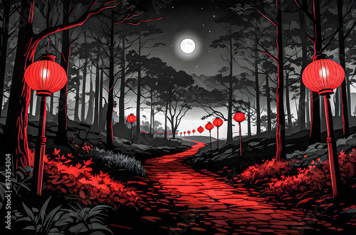 A serene pathway lined with red lanterns leading through a forest vector painting art illustration images.
 photo