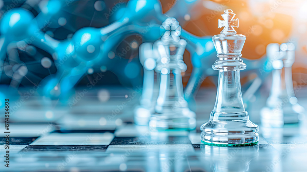 Glass chess pieces on a chessboard with a molecular structure background, representing strategic thinking in scientific research. Ideal for education, science, and technology sectors. Glass chess pieces on a chessboard with a molecular structure background, representing strategic thinking in scientific research. Ideal for education, science, and technology sectors.