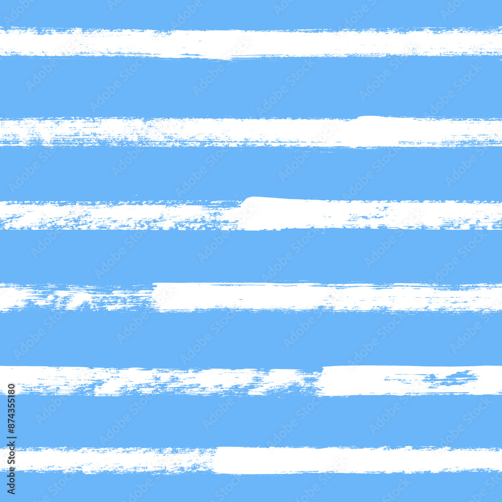 Obraz premium Vector stripes pattern. Seamless blue and white brush stroke background. Striped print with distress texture. Painted ornament for kids. Childish design