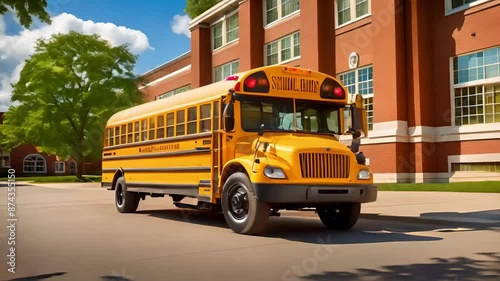 A bright yellow American school bus with big black wheels, parked in front of a red-brick school building. 