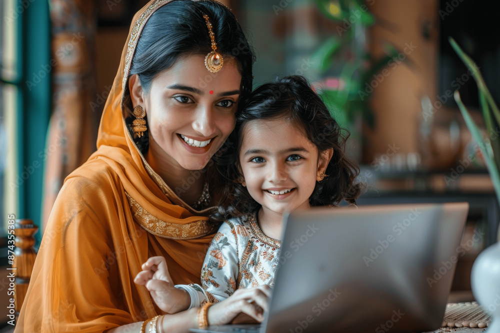 Indian mother and daughter happily engaged in online education at home using laptop, promoting interactive and digital learning within a modern family lifestyle Indian mother and daughter happily engaged in online education at home using laptop, promoting interactive and digital learning within a modern family lifestyle