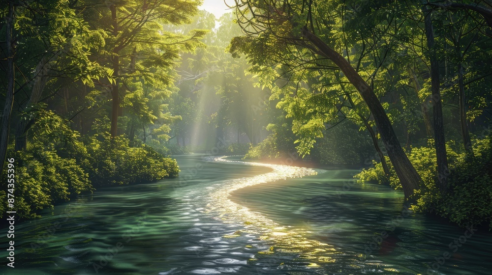 A serene river winding through a dense forest, with sunlight filtering through the trees and reflecting off the water. A serene river winding through a dense forest, with sunlight filtering through the trees and reflecting off the water.