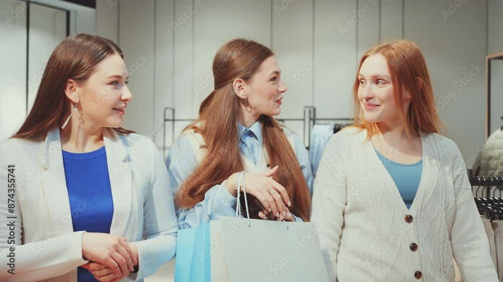 Three women carrying shopping bags and engaging in conversation in store, representing day out shopping and joy of retail therapy. Concept of socializing and shopping Three women carrying shopping bags and engaging in conversation in store, representing day out shopping and joy of retail therapy. Concept of socializing and shopping