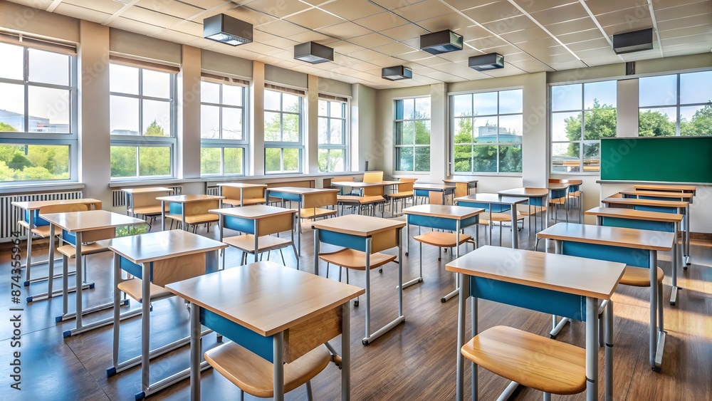 Empty Classroom. Back to school interior with Chairs and Desks. Studying lessons in secondary education. generative ai Empty Classroom. Back to school interior with Chairs and Desks. Studying lessons in secondary education. generative ai