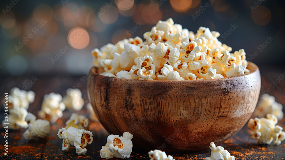 Close-up of golden sweet popcorn in a natural wooden cup Close-up of golden sweet popcorn in a natural wooden cup