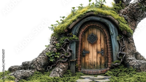 Enchanted fairy door hidden in a moss covered forest setting. photo