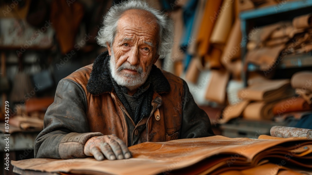 Elderly Leather Craftsman in Workshop with Tools and Materials Elderly Leather Craftsman in Workshop with Tools and Materials