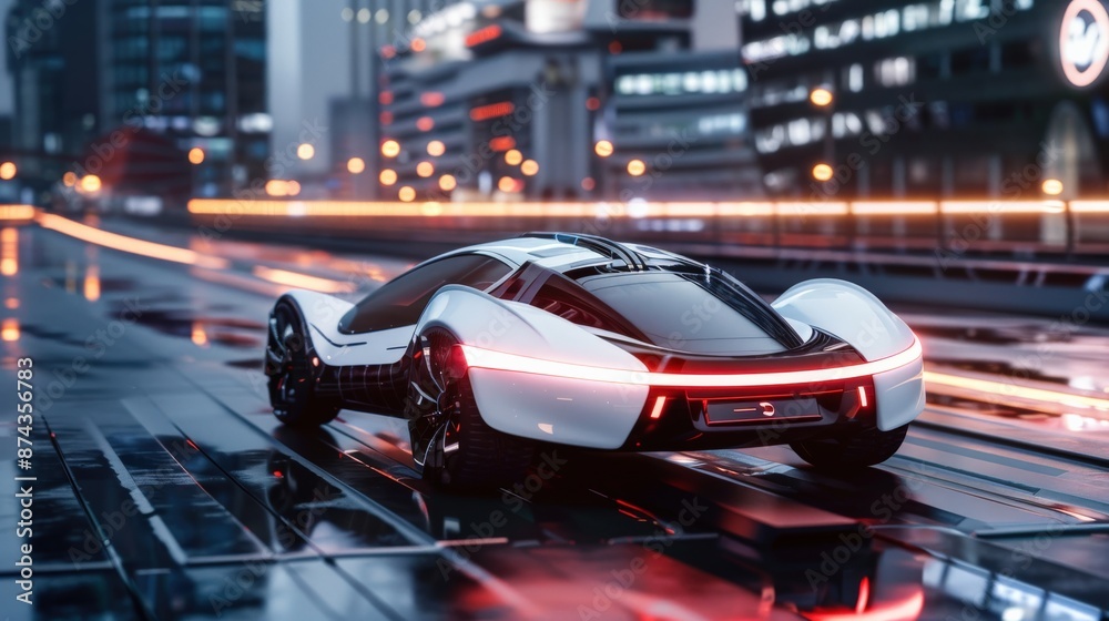 A futuristic car is driving down a wet street with bright lights reflecting off its body. Scene is futuristic and exciting, as the car appears to be a high-tech vehicle designed for speed A futuristic car is driving down a wet street with bright lights reflecting off its body. Scene is futuristic and exciting, as the car appears to be a high-tech vehicle designed for speed