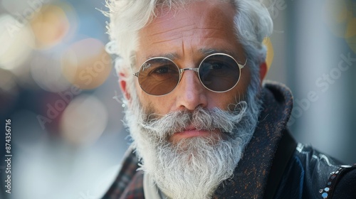 Close Up Portrait of a Senior Man Wearing Sunglasses and a Shearling Coat in ...