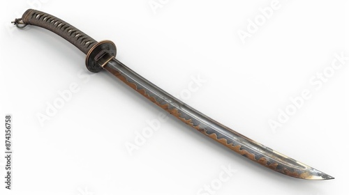 A traditional Japanese katana sword with a curved blade and a wooden handle.