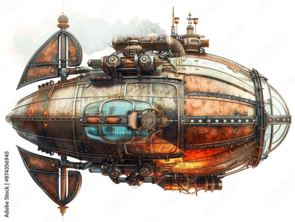 A steampunk-style airship with intricate details and a weathered appearance.