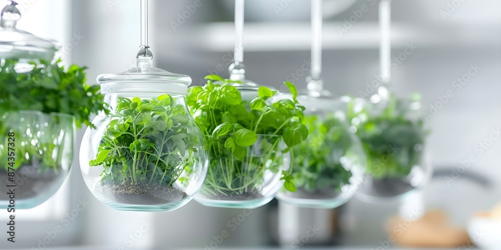 Indoor herb garden in kitchen with hanging glass terrariums and LED lights. Concept Indoor Gardening, Kitchen Decor, Hanging Terrariums, LED Lighting, Herb Garden Indoor herb garden in kitchen with hanging glass terrariums and LED lights. Concept Indoor Gardening, Kitchen Decor, Hanging Terrariums, LED Lighting, Herb Garden