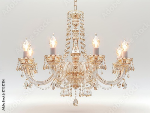 Elegant amber crystal chandelier with six candle-style lights. photo