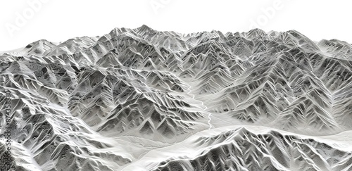 A hill surrounded by snow in the photo from above with a white background