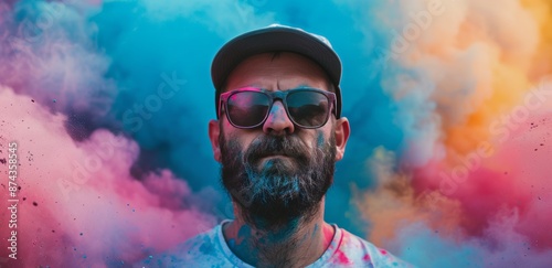 Man Covered in Colorful Powder During Festival Celebration