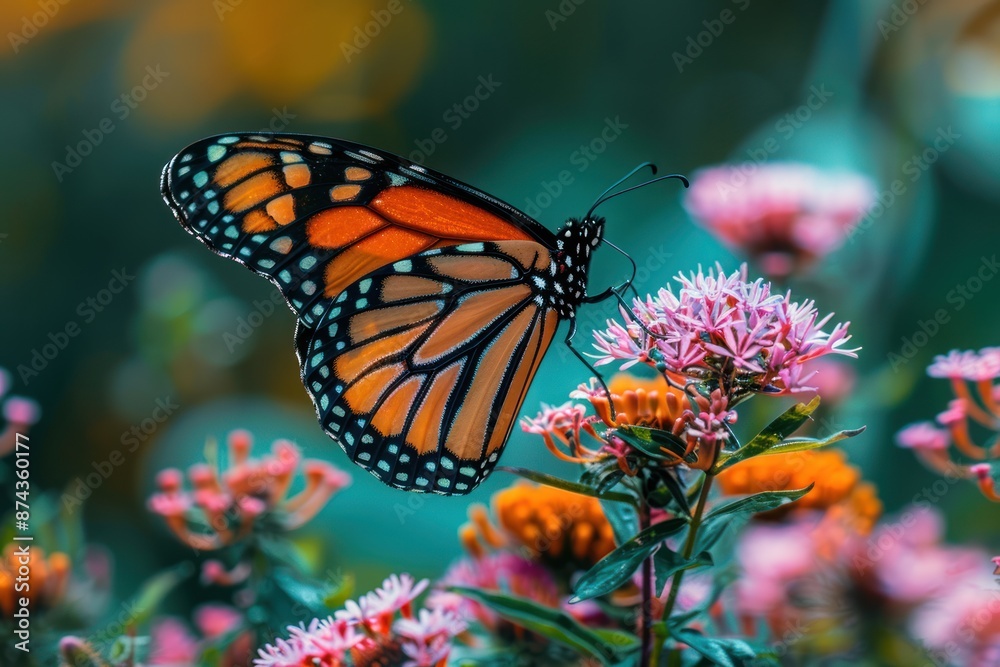A Monarch butterfly feeds on vibrant pink flowers in a lush garden setting A Monarch butterfly feeds on vibrant pink flowers in a lush garden setting