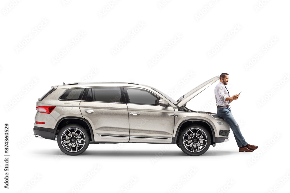 Man with car problem calling road assistance Man with car problem calling road assistance