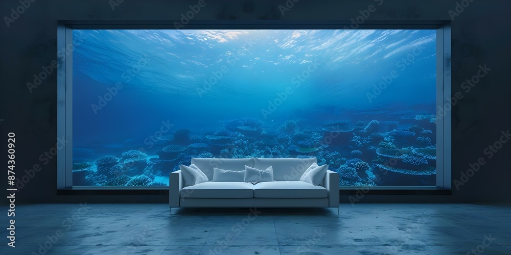 Underwater room with panoramic aquarium windows offers tranquil retreat in deep blue. Concept Underwater Getaway, Panoramic Aquarium Views, Deep Blue Tranquility, Undersea Retreat Underwater room with panoramic aquarium windows offers tranquil retreat in deep blue. Concept Underwater Getaway, Panoramic Aquarium Views, Deep Blue Tranquility, Undersea Retreat