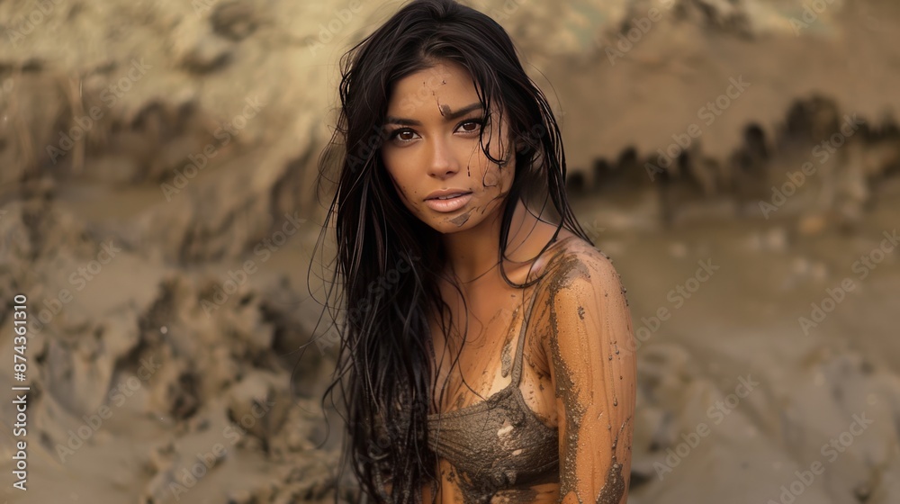 A woman is standing in the sand with her hair wet and her body covered in mud. Generate AI image A woman is standing in the sand with her hair wet and her body covered in mud. Generate AI image