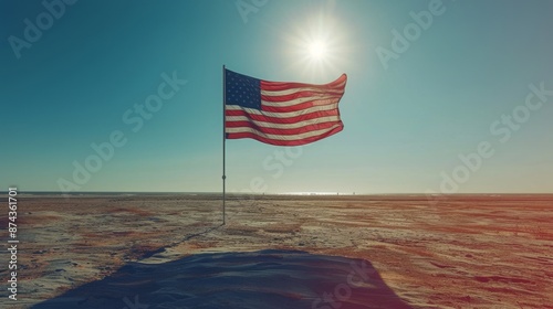 American Flag Waving Under a Teal Sky With Plants in Foreground