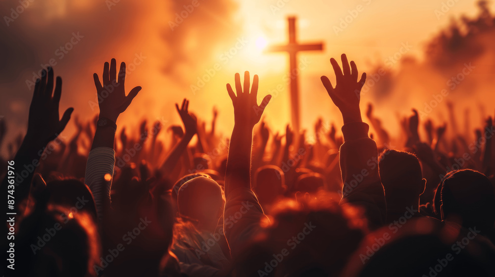 Fototapeta premium Worshipers Raising Hands in Prayer at Sunset with Cross Silhouette during Christian Festival