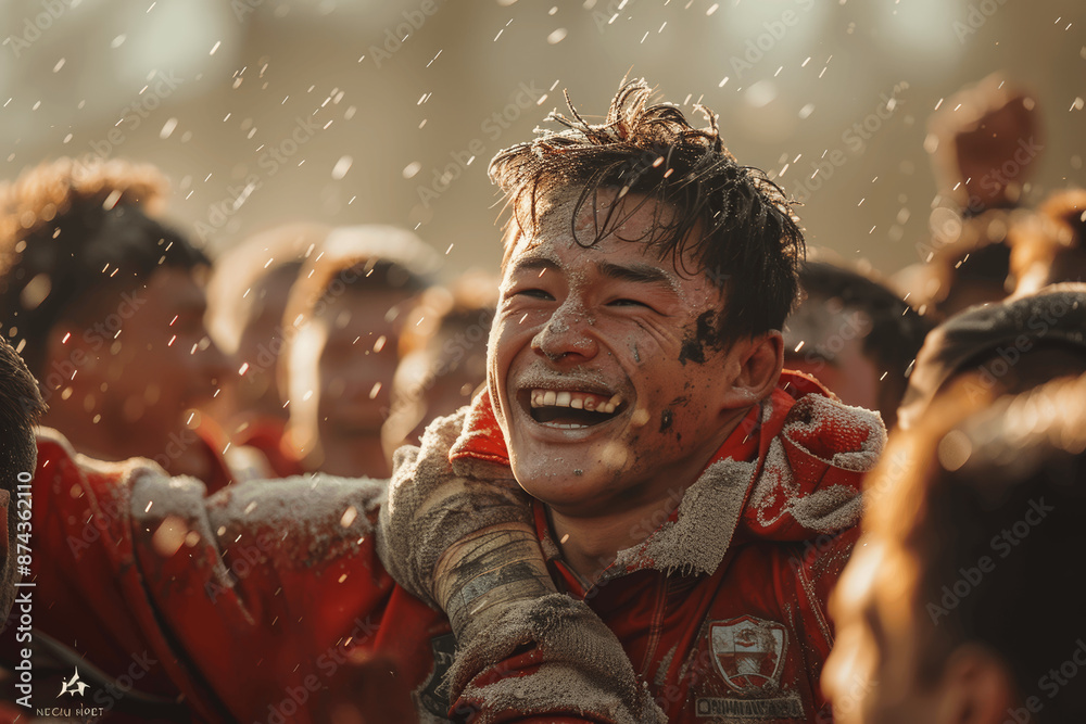 Fototapeta premium rugby players celebrating victory with lifting teammate on shoulders outdoors in foggy morning light showing unity and team spirit