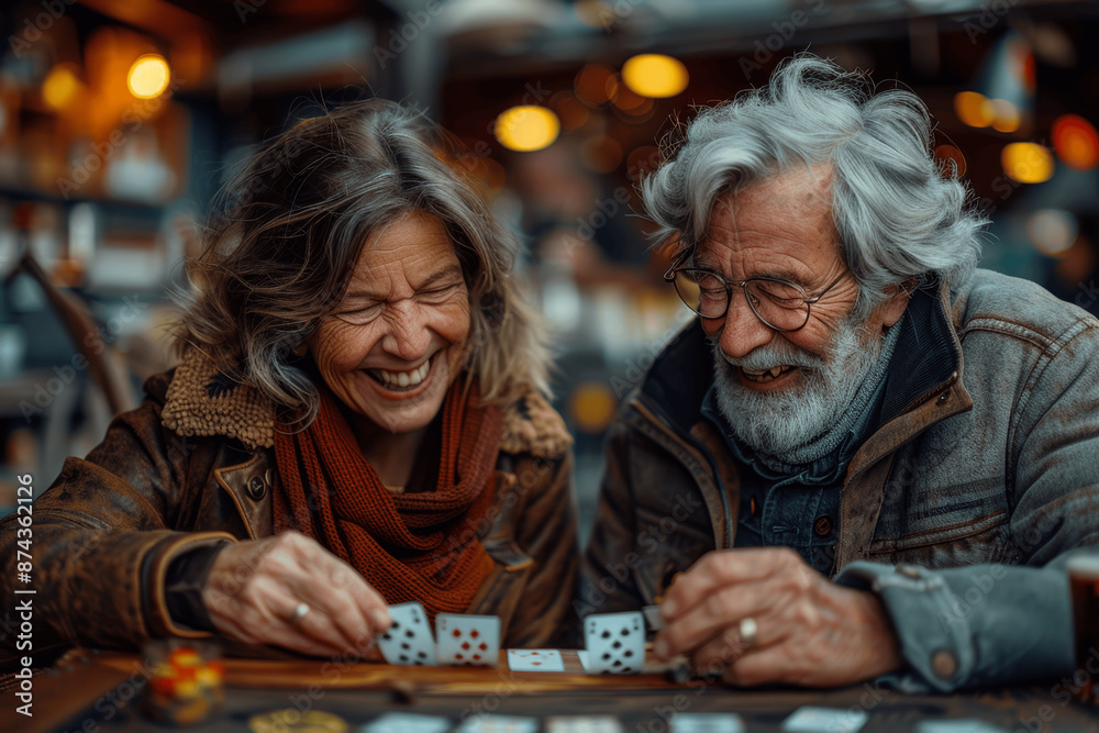 Fototapeta premium Happy seniors playing cards and laughing in a cozy retirement home living room creating a warm lively atmosphere filled with companionship and enjoyment