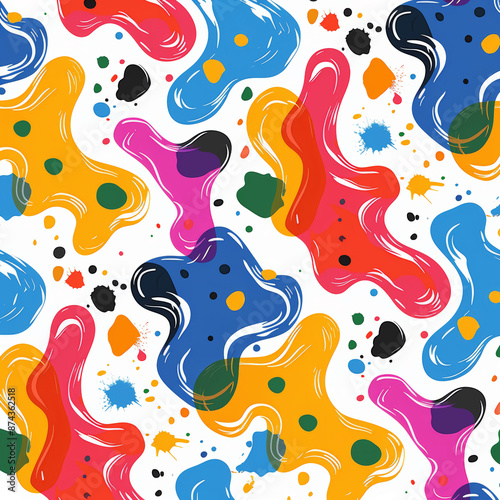 Playful Colorful Abstract Seamless Pattern with Cute Organic Shapes in Cartoon Style on White Background