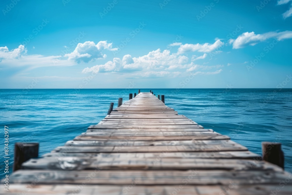 Tranquil Wooden Pier Extending into Calm Blue Ocean offers a peaceful seaside retreat for relaxation and meditation Tranquil Wooden Pier Extending into Calm Blue Ocean offers a peaceful seaside retreat for relaxation and meditation