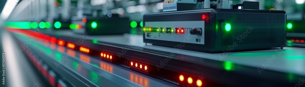 Factory floor with multiple printing machines at work, Realistic, Green and metallic hues, Detailed machinery and production process