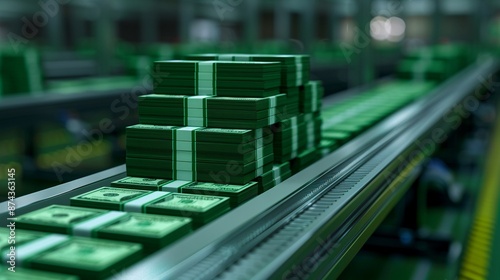 Stacks of money being transported within the factory, Realistic, Green and metallic hues, Detailed money stacks and transportation photo