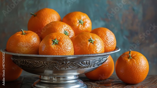 Freshly Picked Oranges In Blue Glazed Bowl On Rustic Wooden Table