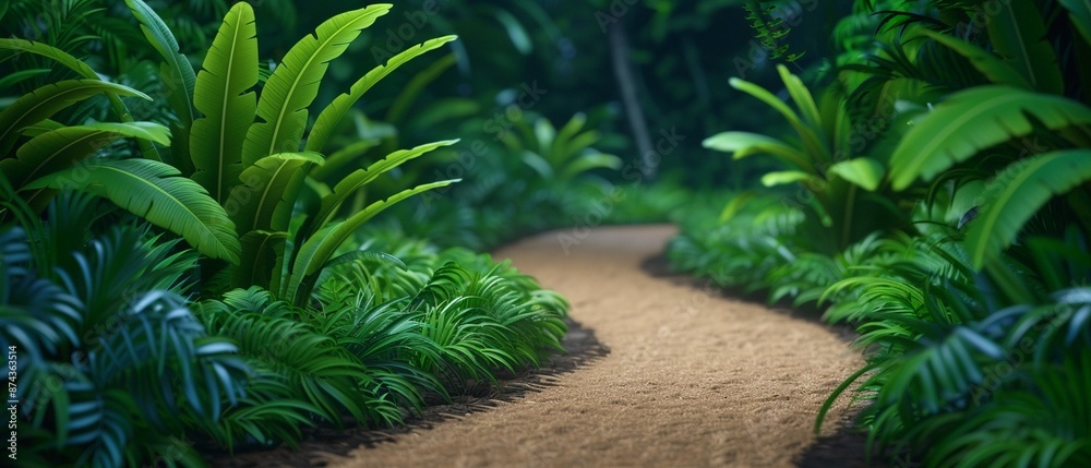 Dirt path through a jungle, Realistic, Natural tones, Detailed soil and jungle foliage Dirt path through a jungle, Realistic, Natural tones, Detailed soil and jungle foliage