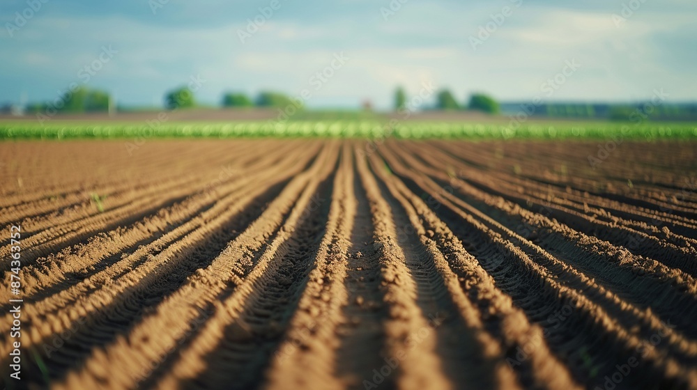 Freshly tilled soil in a farm field, Realistic, Brown tones, Detailed ridges and soil granules Freshly tilled soil in a farm field, Realistic, Brown tones, Detailed ridges and soil granules