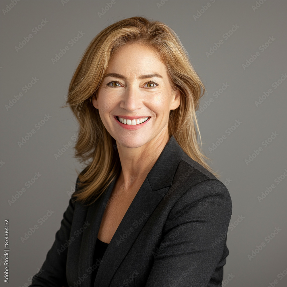 A professional woman confidently smiling against a plain background, ideal for a best-selling image A professional woman confidently smiling against a plain background, ideal for a best-selling image