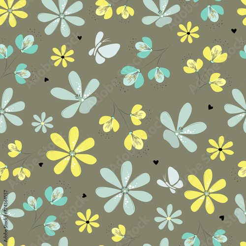 Bright floral pattern. Seamless background with flowers. Bright spring flowers. Floral illustration. graphic abstract background. Yellow and blue flowers.