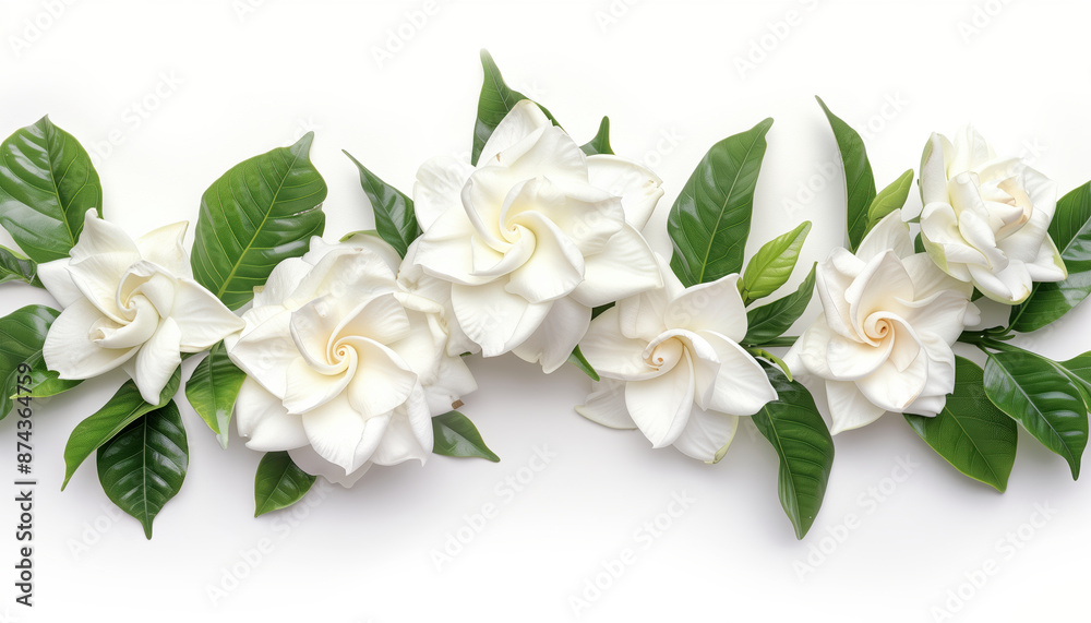 Top View Of Gardenia-Jasminoides Flowers Isolated On A White Background, Captured In A Perfectly Opened Bloom With Stunning Detail. Top View Of Gardenia-Jasminoides Flowers Isolated On A White Background, Captured In A Perfectly Opened Bloom With Stunning Detail.