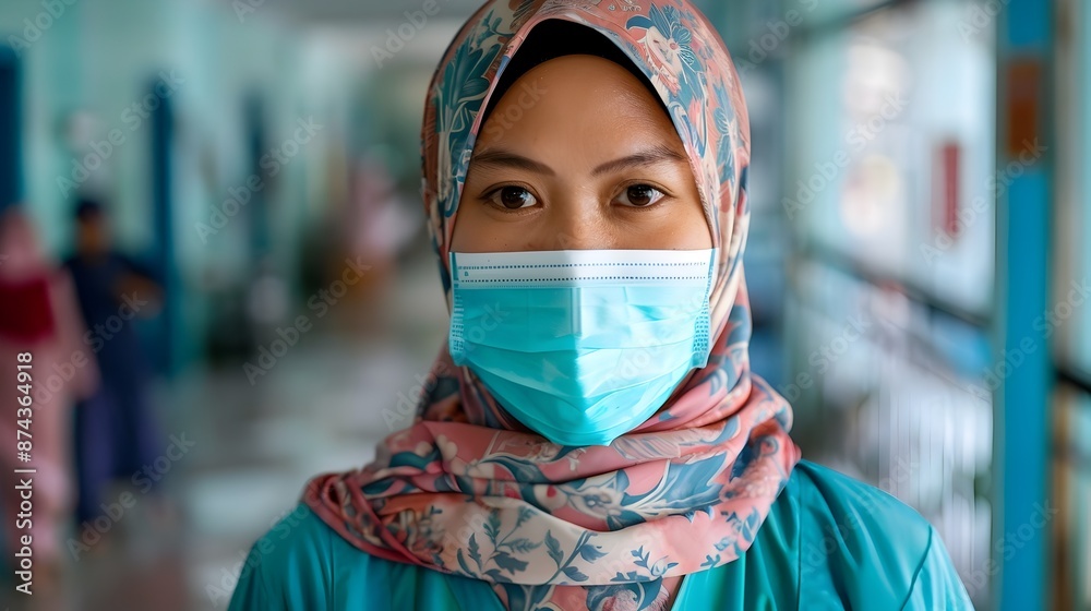 Muslim Woman Healthcare Worker in Mask Walks Hospital Corridor During COVID-19 Pandemic