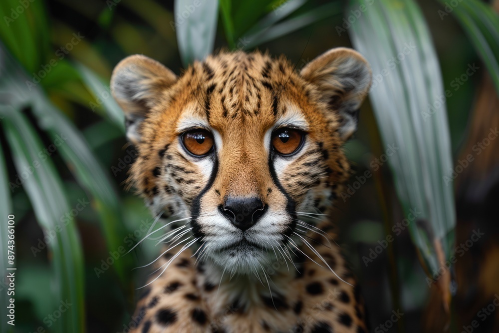 A cheetah with large, golden eyes stares intently at the camera from behind green foliage A cheetah with large, golden eyes stares intently at the camera from behind green foliage
