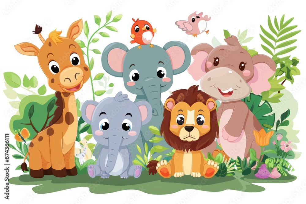 Naklejka premium A giraffe, three elephants, a lion, and two birds are smiling and looking at the viewer while standing together in a jungle environment