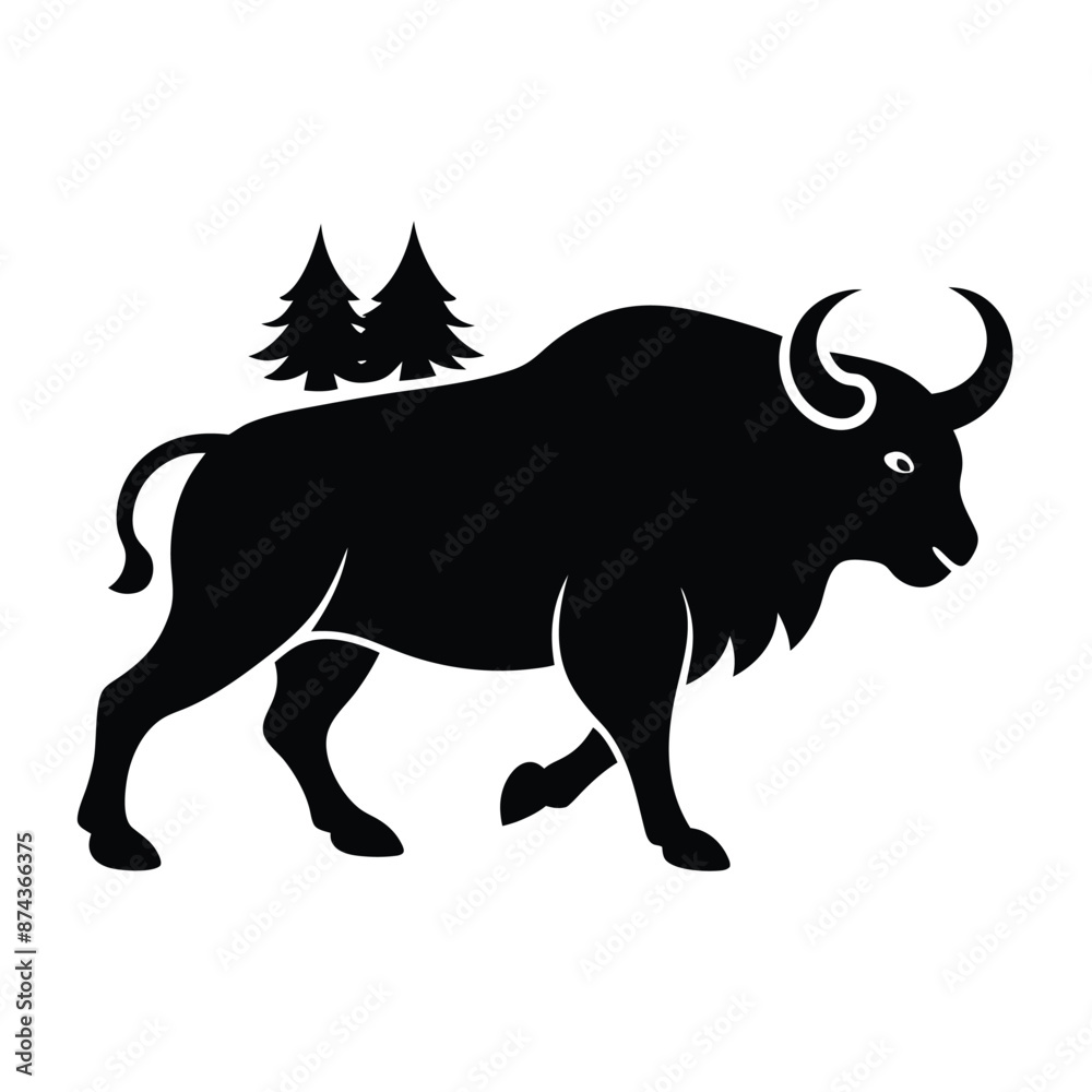 a minimal and simple forest big horn buffalo silhouette on an isolated white background a minimal and simple forest big horn buffalo silhouette on an isolated white background