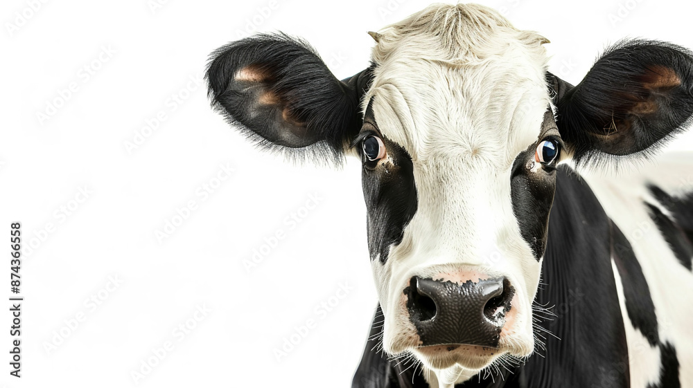 Black white cow Looking straight into the camera on a white background Black white cow Looking straight into the camera on a white background