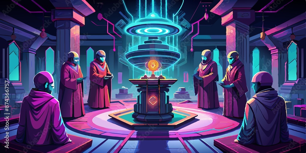 Neon lit cyborg monks gather around sacred data core, surrounded by