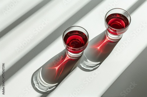 Two Glasses of Red Liquid With Shadows on White Surface