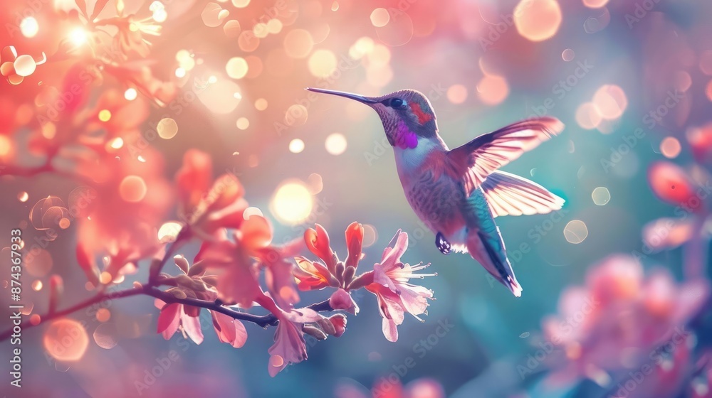 Fototapeta premium A vibrant hummingbird hovers near pink blossoms, bathed in warm sunlight and a soft, dreamy glow.