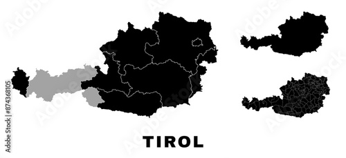 Tyrol map, Austrian state. Austria administrative provinces, boroughs, and municipalities.