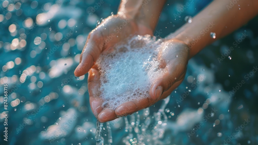 Closeup of hands washing with soap and water, creating bubbles. Closeup of hands washing with soap and water, creating bubbles.