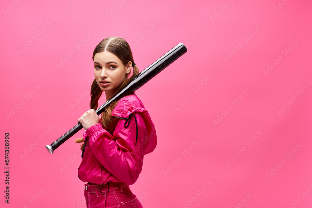 A stylish young woman in her 20s swings a baseball bat while wearing a pink jacket in a studio with a pink background. A stylish young woman in her 20s swings a baseball bat while wearing a pink jacket in a studio with a pink background.