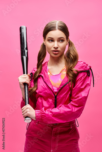 A stylish woman in her 20s, donned in a pink outfit, confidently holds a baseball bat in a vibrant studio setting.