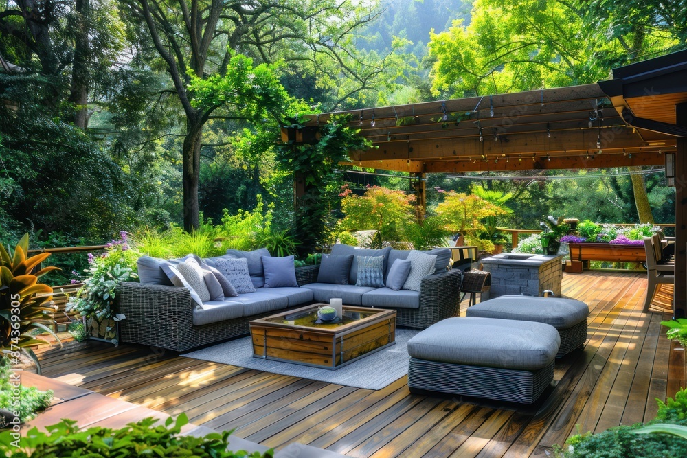 Obraz premium A sectional sofa with grey cushions sits on a wooden deck, surrounded by greenery and a pergola